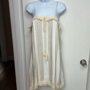 10. Olive Scent  White & khaki linen Dress Spaghetti straps, Fringe, Medium NWT